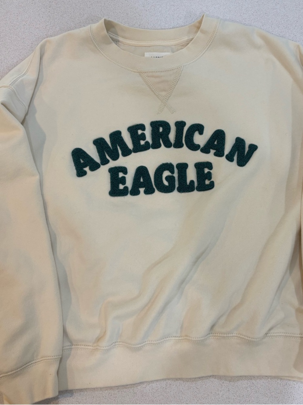 American Eagle Outfitters Cream Crewneck Sweatshirt with Dark Green Appliqué